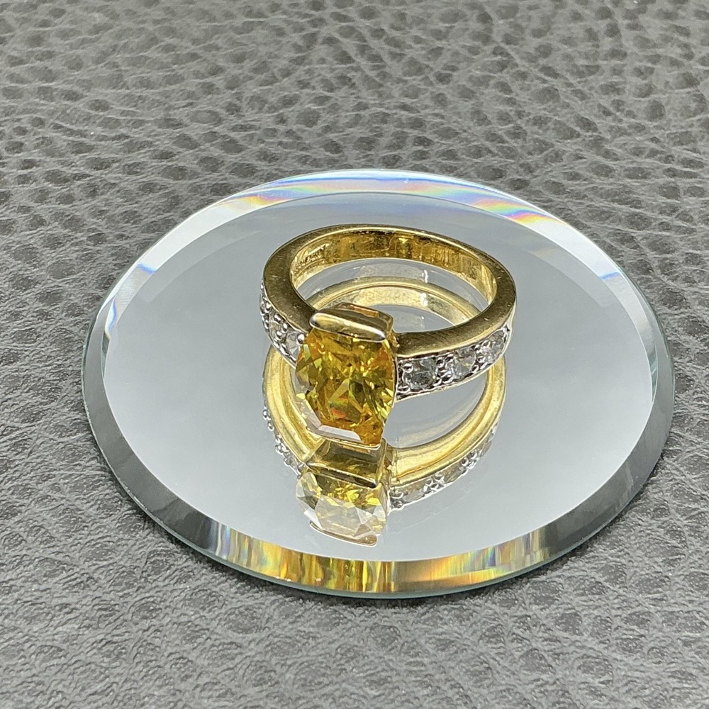 Ring Size 7 Gold Tone Yellow Stone Clear Crystals Cocktail Statement Womens
